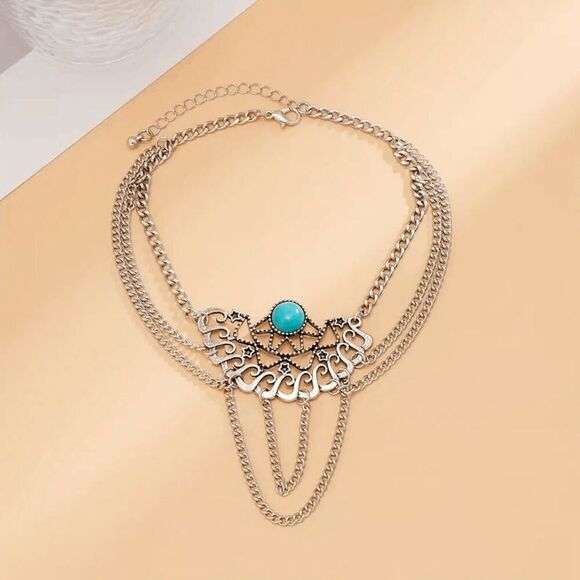 Boho Flower Inlaid Turquoise Multilayer Tassel Arm Chain Cuff - Picture 5 of 9